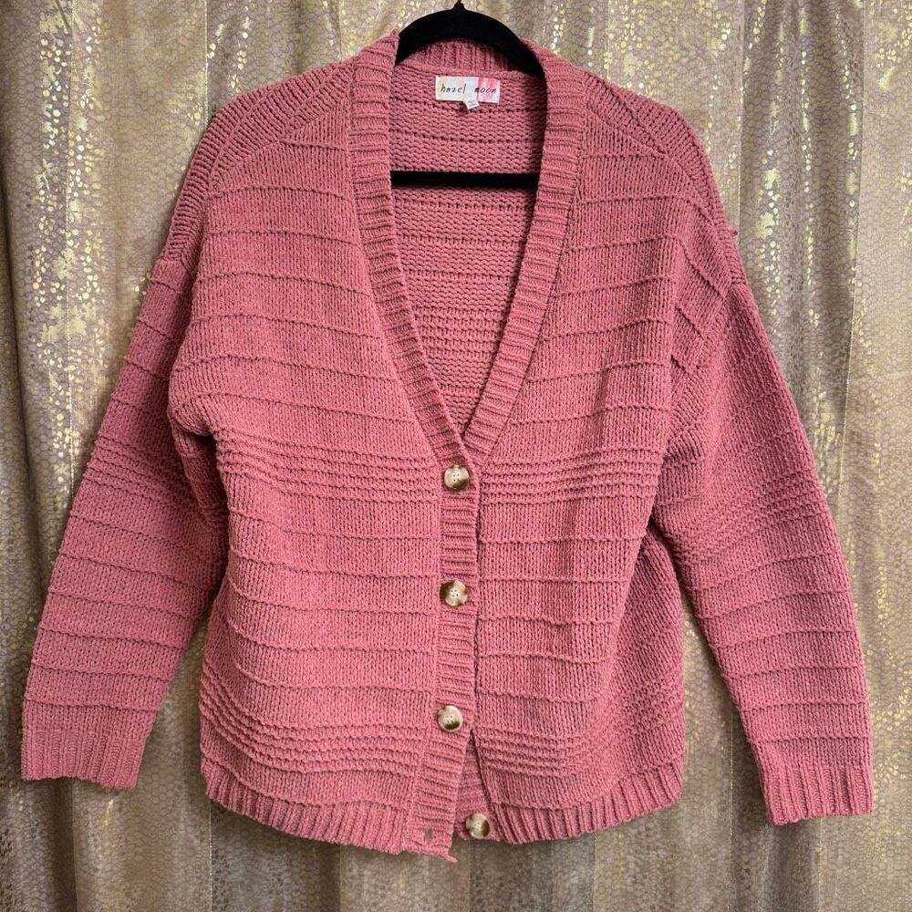 Hazel Moon Mauve Pink Chunky Knit Button Up Cardigan Sweater Medium